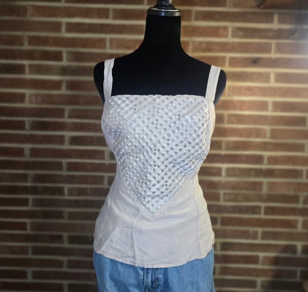 Vintage Y2K Ivory Square Neck Tank Top Woven Lattice Rhinestone Cami Blouse